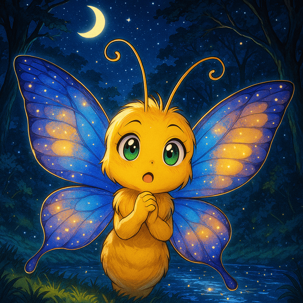 Aurelia gazing at a sparkling stream under a starry sky, surrounded by whispering trees, full of magic and wonder.