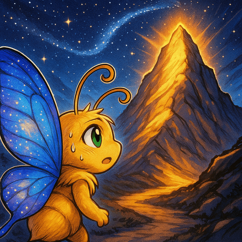 Aurelia at the mountain's base, gazing up at the shining peak with excitement and nervousness, star trail overhead.