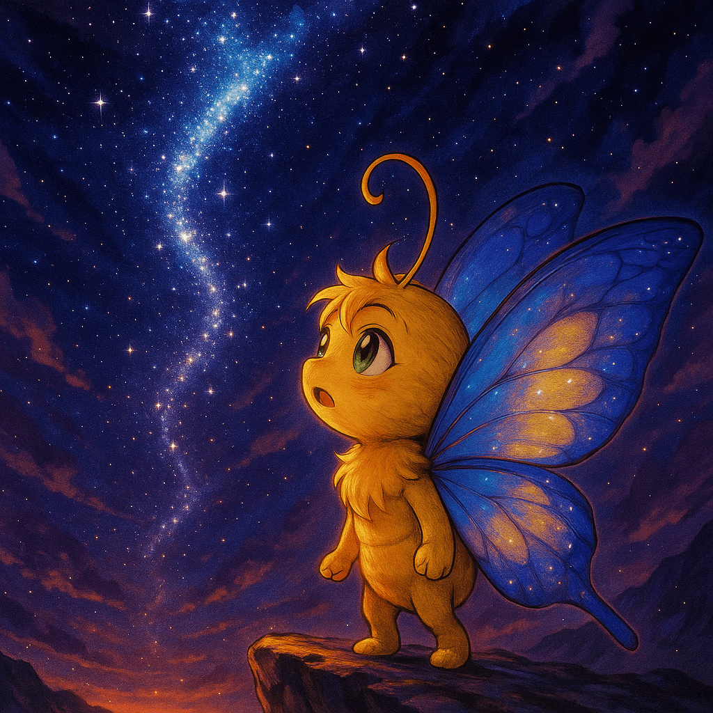 Aurelia gazing at the star trail, filled with hope and bravery, ready to embrace new adventures under a vibrant, starry sky.