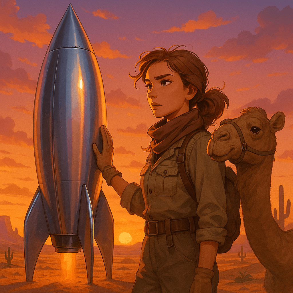 Beneath the vast, sprawling canvas of the desert sky, Lina Mira stood beside her repaired rocket, its metallic surface shimmering under the glow of the setting sun.