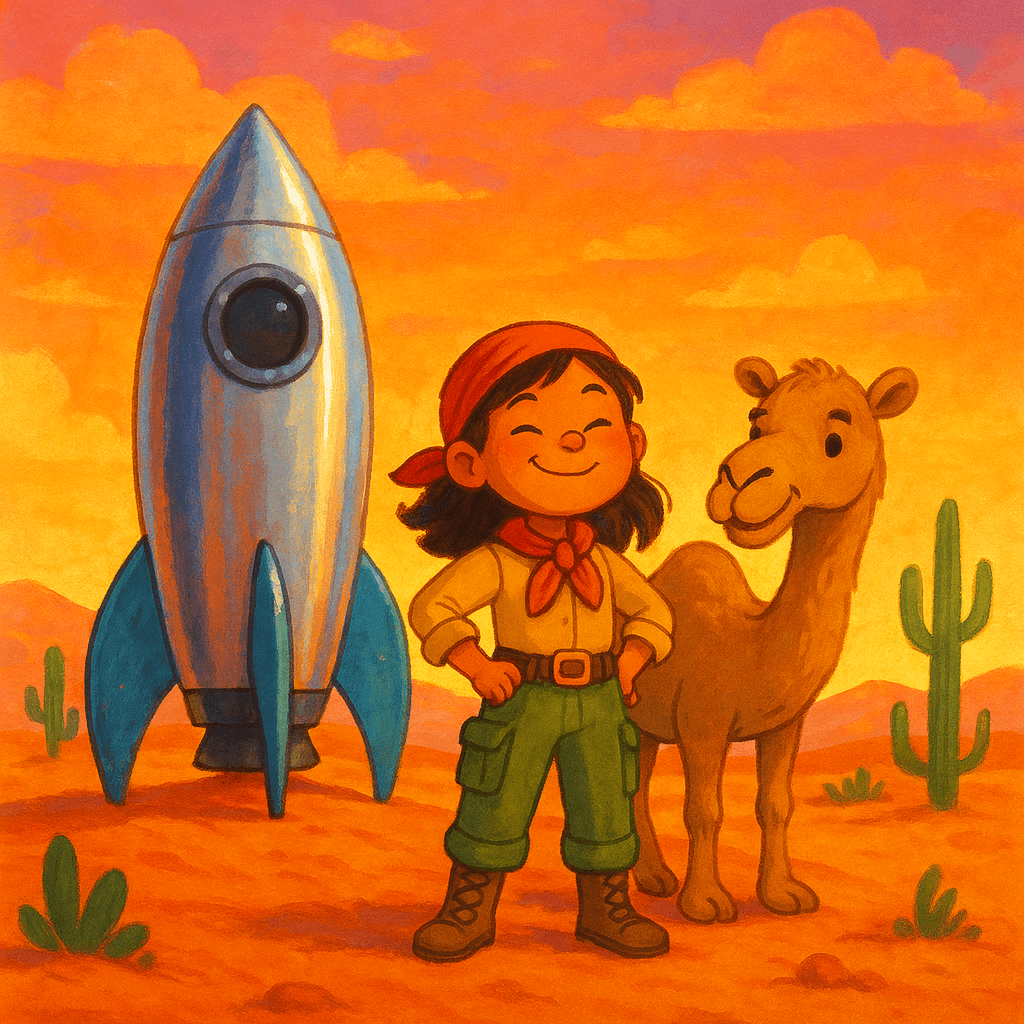 Lina Mira stood beside her repaired rocket, its metallic surface shimmering under the glow of the setting sun.