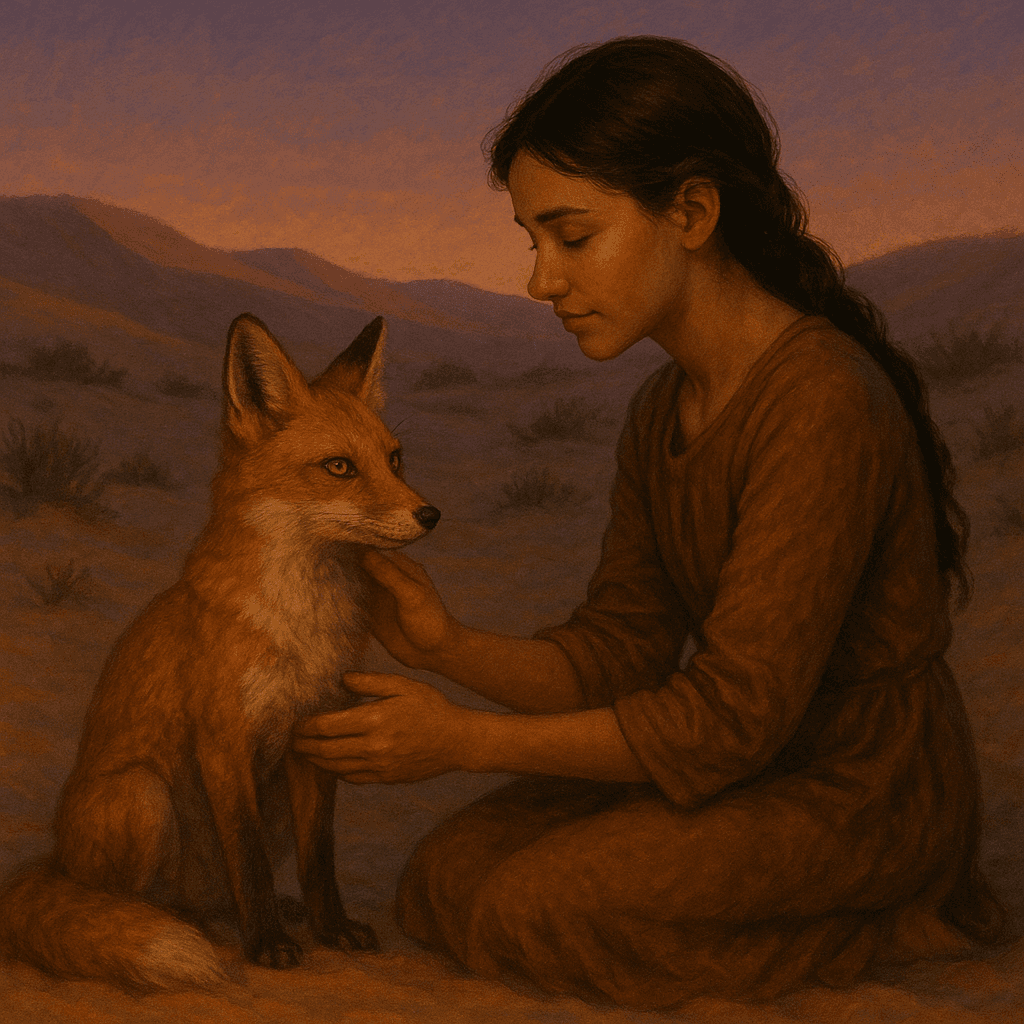 She turned to see a small fox, its amber eyes shining with curiosity and wisdom. The fox padded closer and sat patiently, as if understanding her doubts. Lina knelt, gently reaching out to stroke its sleek fur.