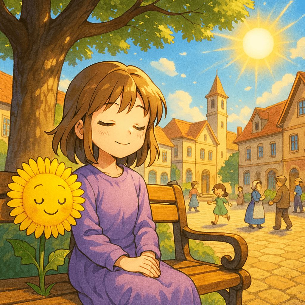 Lisa sits comfortably on the wooden bench beneath the sprawling branches of her favorite oak tree, a gentle breeze ruffling her hair as she listens to the cheerful town sounds.