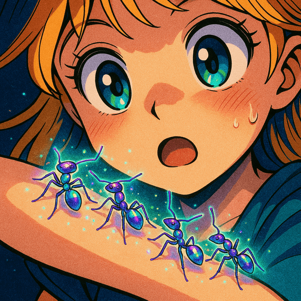 a tiny flicker caught her eye—a shimmer on her arm. Tiny ants, no larger than grains of rice, were crawling upward, their bodies iridescent, shimmering with hues of violet, emerald, and sapphire.