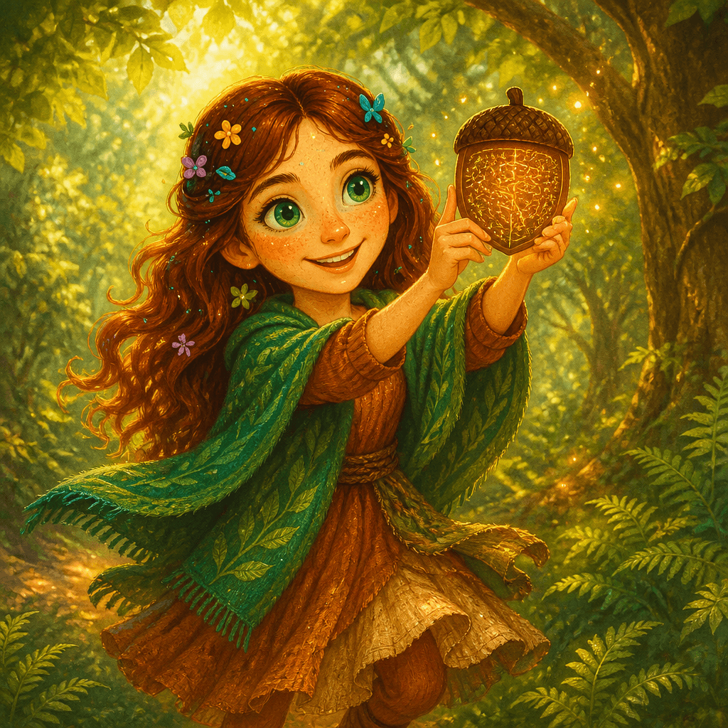 Mila bounced into the Forest with her acorn map held high like a tiny treasure.