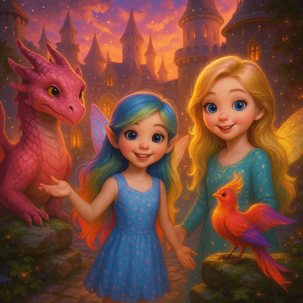 The group—sisters, dragon, and phoenix—carried the treasure homeward, the mountain and castle glowing in the background.