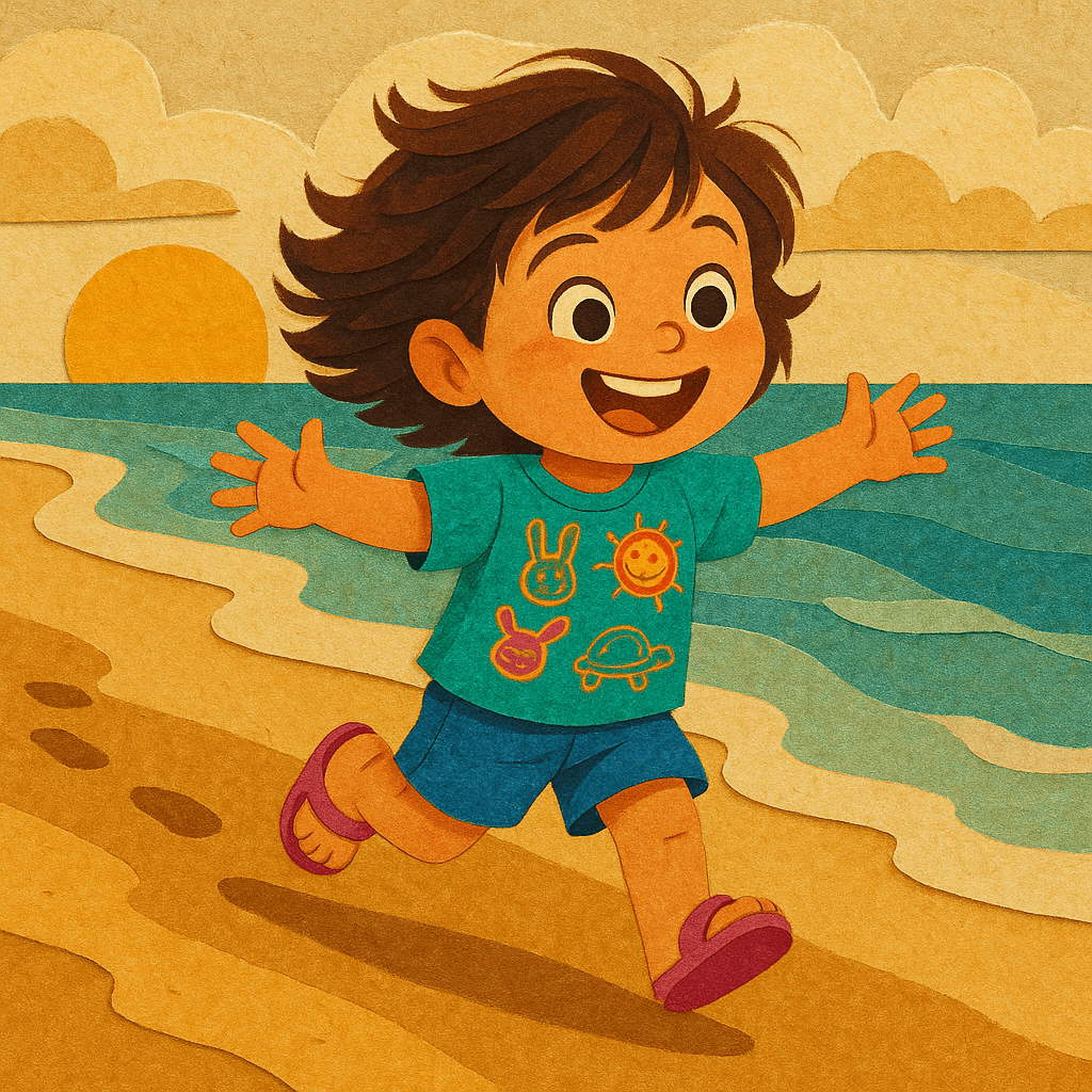 Mila dashes toward the shoreline, her bright eyes sparkling with excitement, as Bones clatters happily beside her, helping to shape a sandcastle.