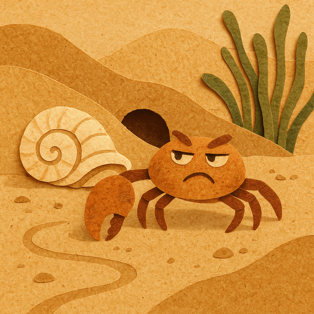 A scruffy crab with a grumpy expression scuttles along the sand, watching Mila and Bones’s antics with suspicion, near its shiny shell.