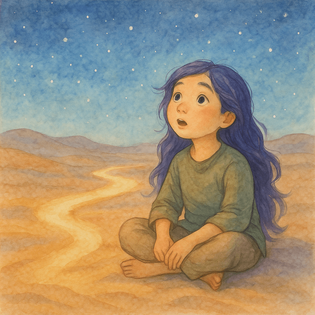 Rumi sits cross-legged beside the glowing path, under a starry sky with a tranquil, dreamy atmosphere.