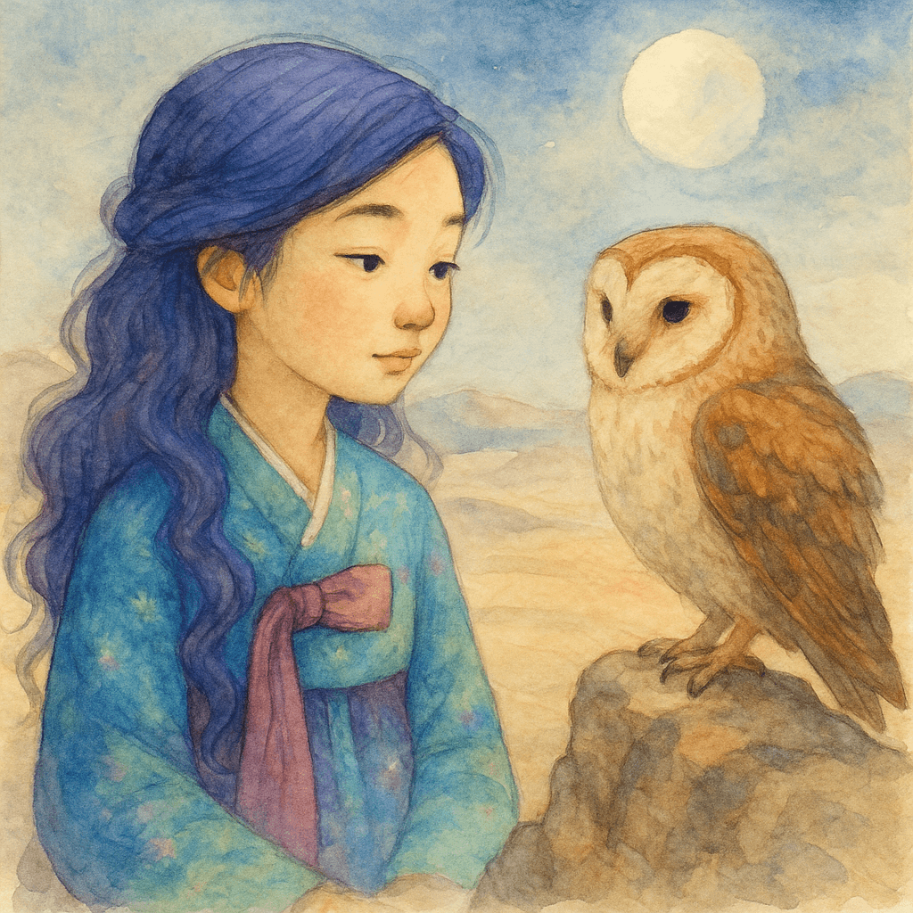 The owl perched silently on a nearby rock, feathers ruffled, watching Rumi with a calm expression.