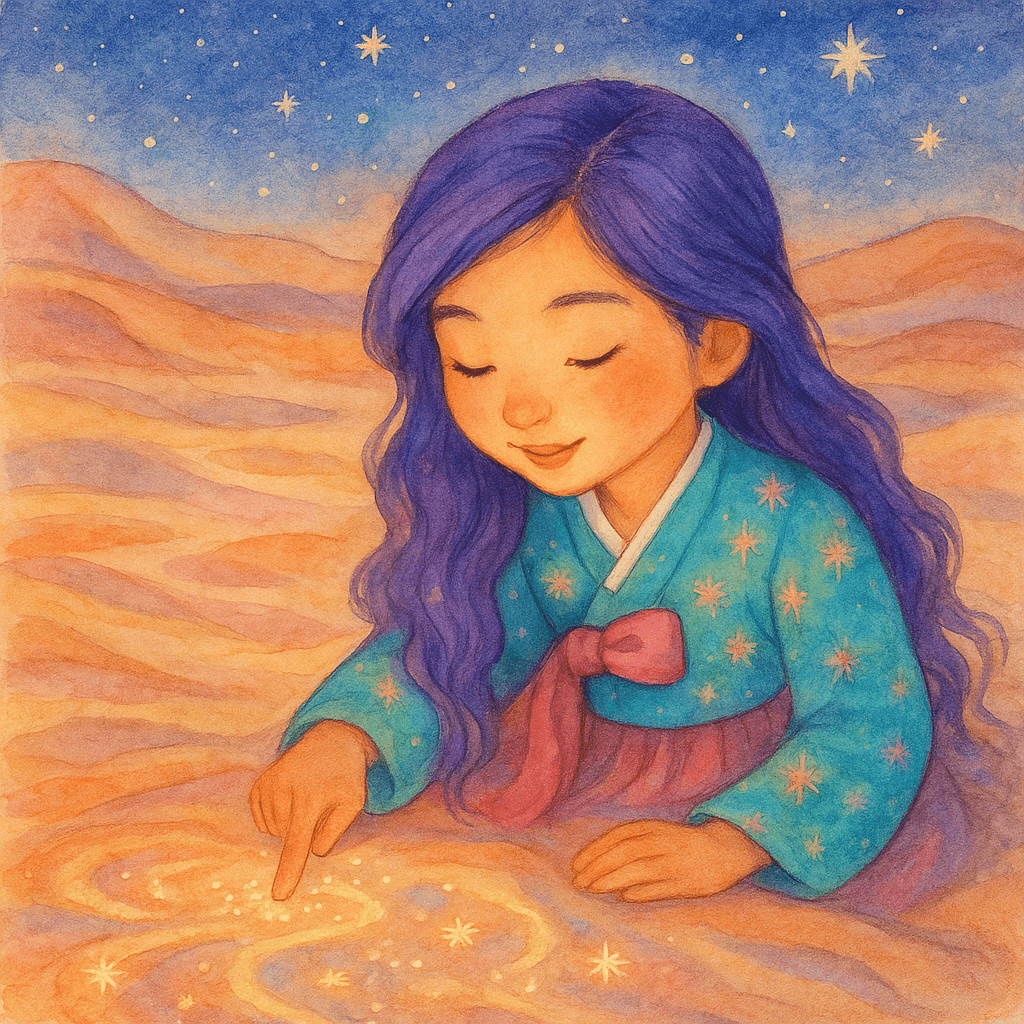 Rumi tracing glowing patterns in the sand, connected to the stars overhead in a scene full of wonder.
