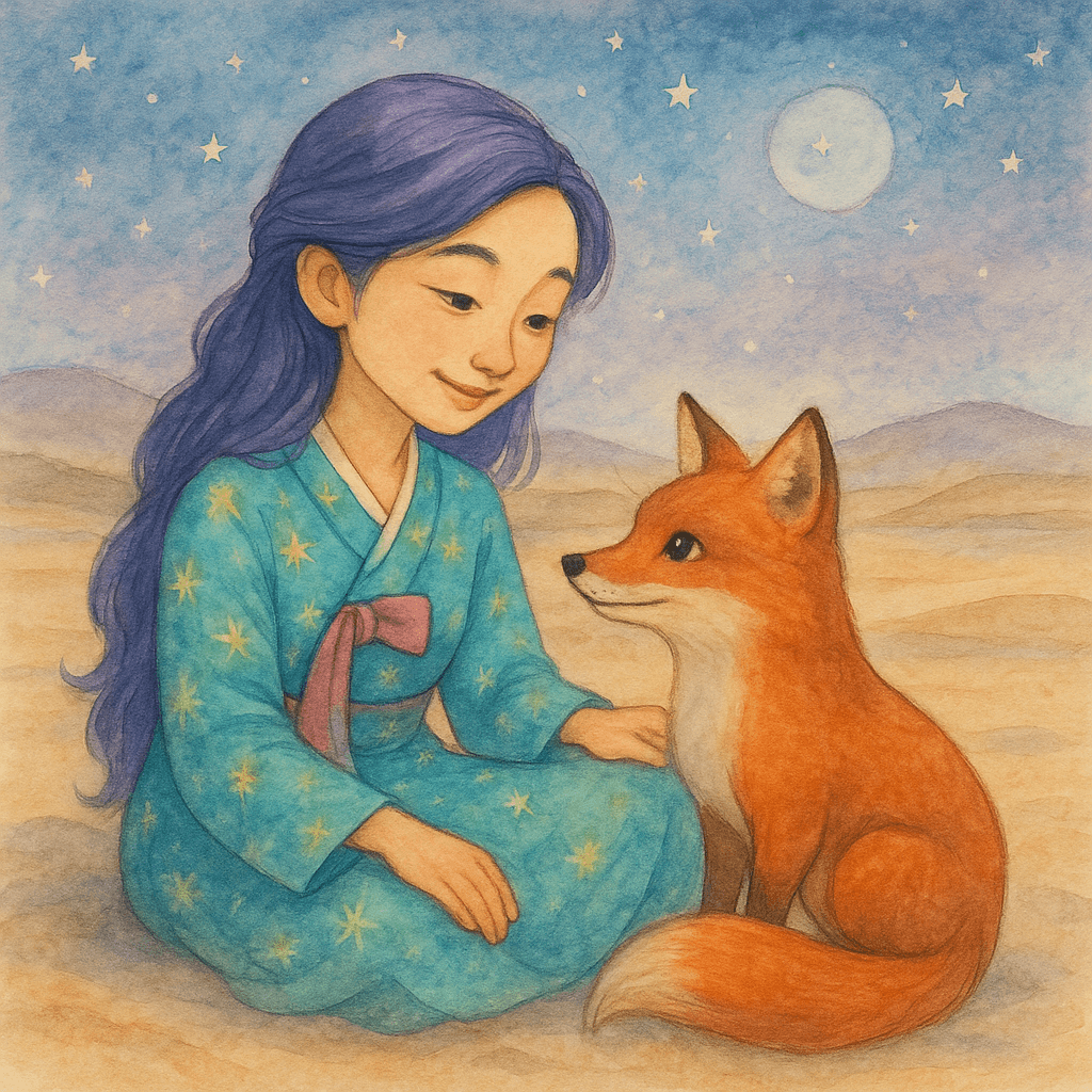 Rumi smiling at the fox curled around her knee, sharing a moment of connection under the starry sky.