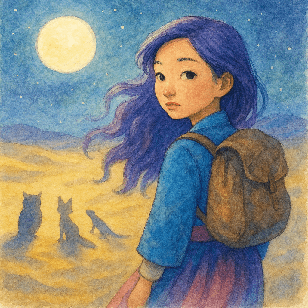 Rumi standing and waving goodbye to her desert friends, with a gentle, hopeful expression under the moonlit sky.