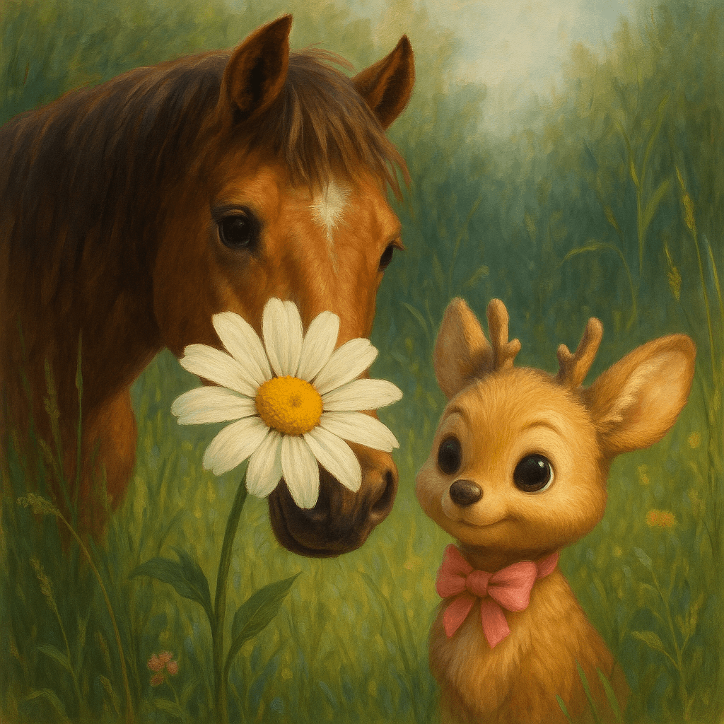 Sarah ducks behind a large white daisy with her nose twitching, peeking cautiously around the stem of the flower, in a peaceful meadow setting.