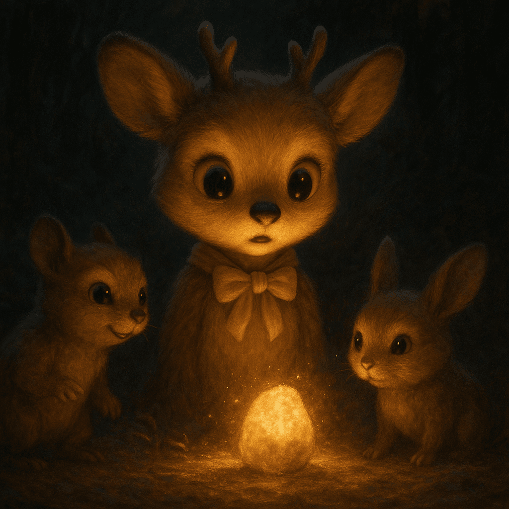 Sarah and her friends gaze at the glowing stone with expressions of wonder and curiosity in a magical, softly lit setting.