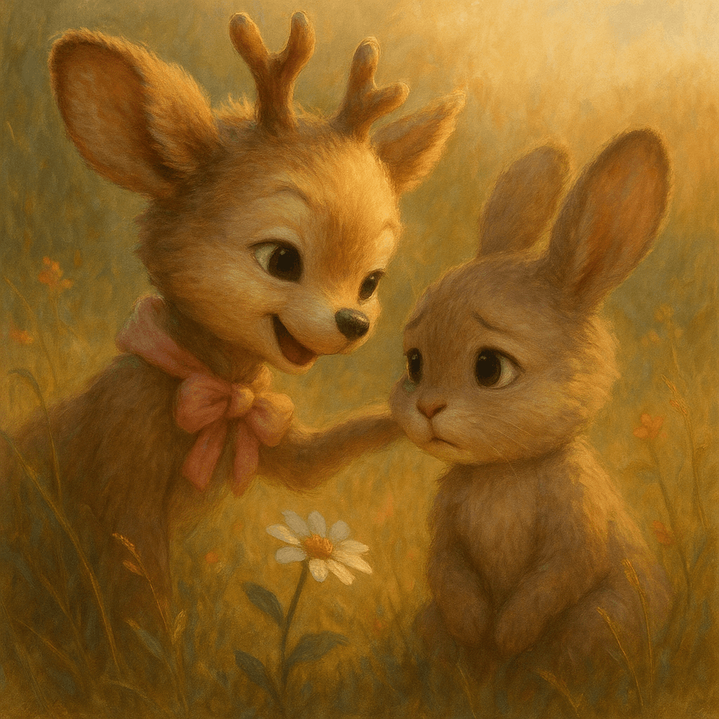 Aby softly whispers to hesitant Sarah, offering comfort as her tiny shadow dances on flower petals, in a close, warm scene amidst wildflowers.