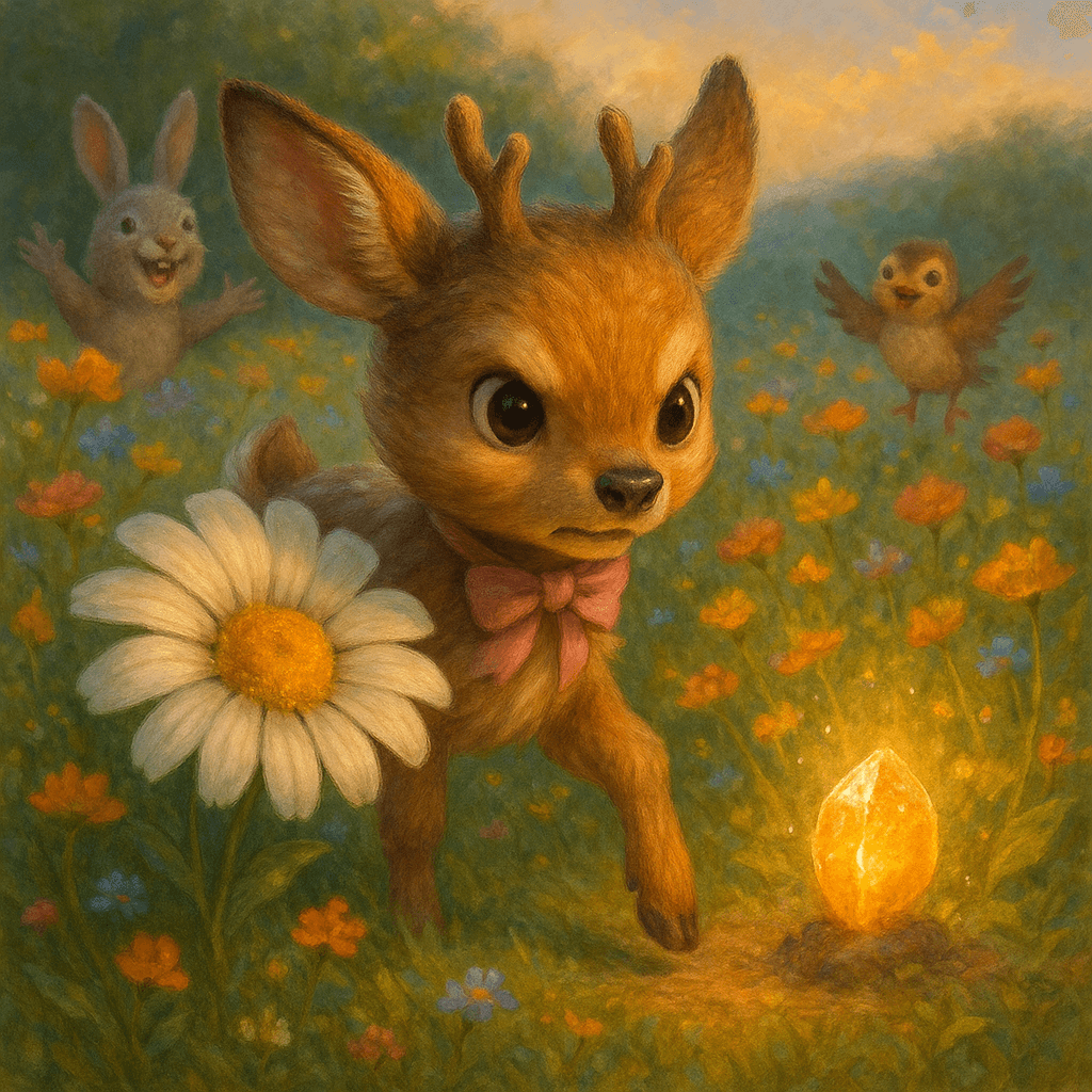 Sarah, with ears perked and face eager, steps out courageously from behind a flower, as her friends cheer, in a lively meadow scene glowing with hope and friendship.