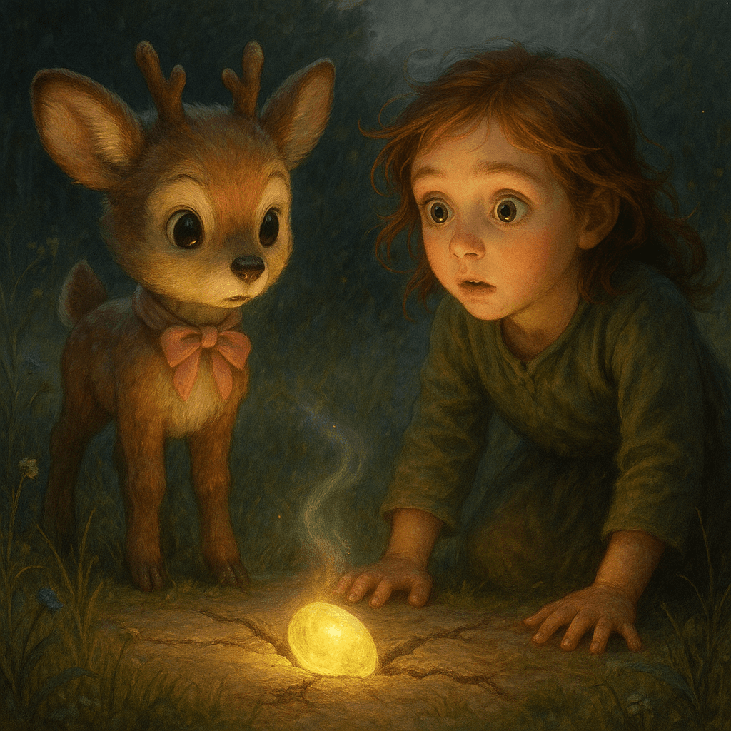 Sarah and her friends stand in awe as a crack opens beneath the glowing stone, with the earth trembling gently, revealing mystery underneath in a magical meadow.