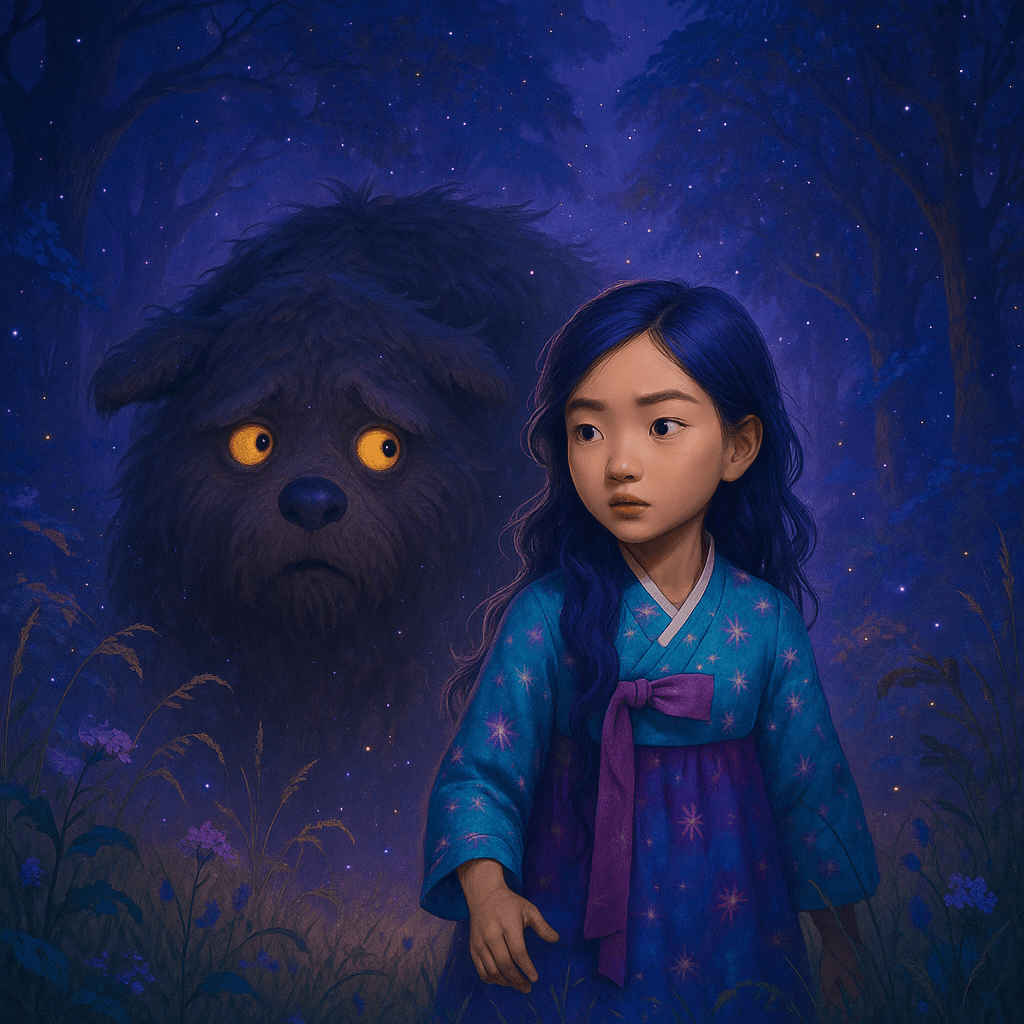 Rumi faces the forest’s edge, where two eyes glimmer like moonlit dew. The meadow holds its breath as a giant, shaggy creature beside her shows worry but no menace.