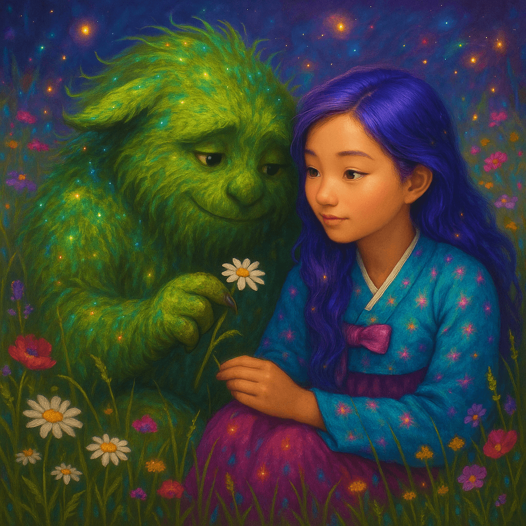 Rumi kneels in the tall grass, offering friendship to Moss, who hopes and begins to trust her, their faces level in a heartfelt moment of understanding.