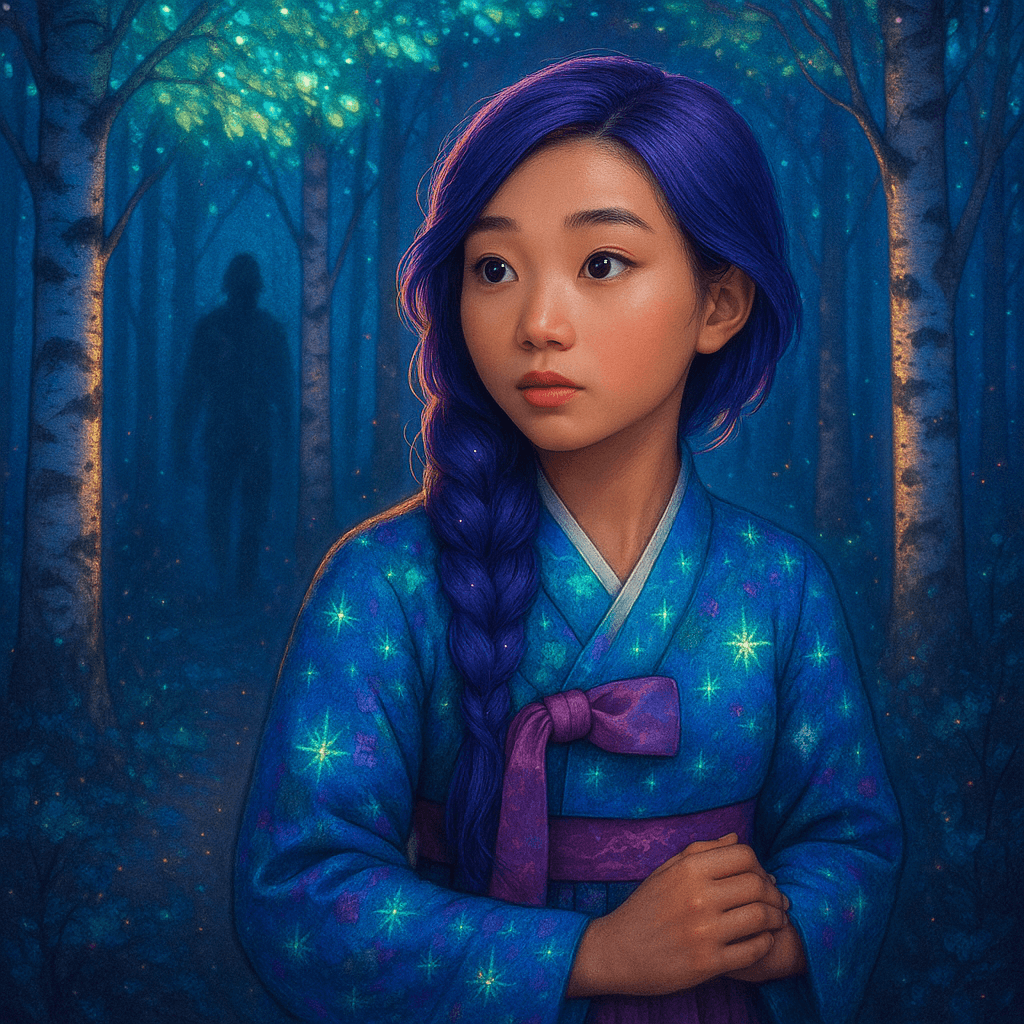 A shadow flickers between the trees, disappearing into the darkness, as the meadow falls silent again but the mystery deepens beyond the sunlight.