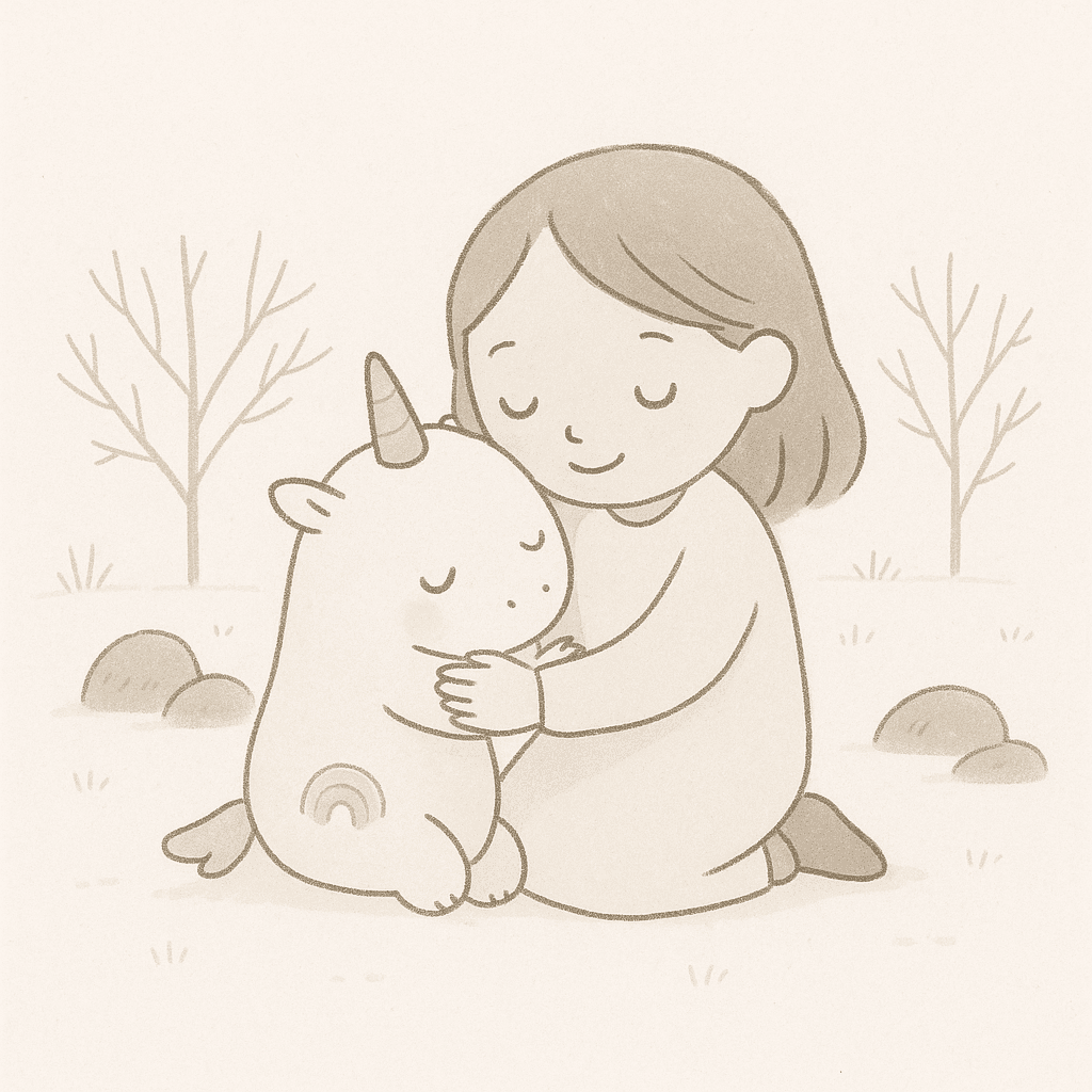 Blissfula’s tiny plush paws trembled as she clung to Mila’s sleeve. The swirling light ahead faded, leaving the clearing bathed in a silvery hush.