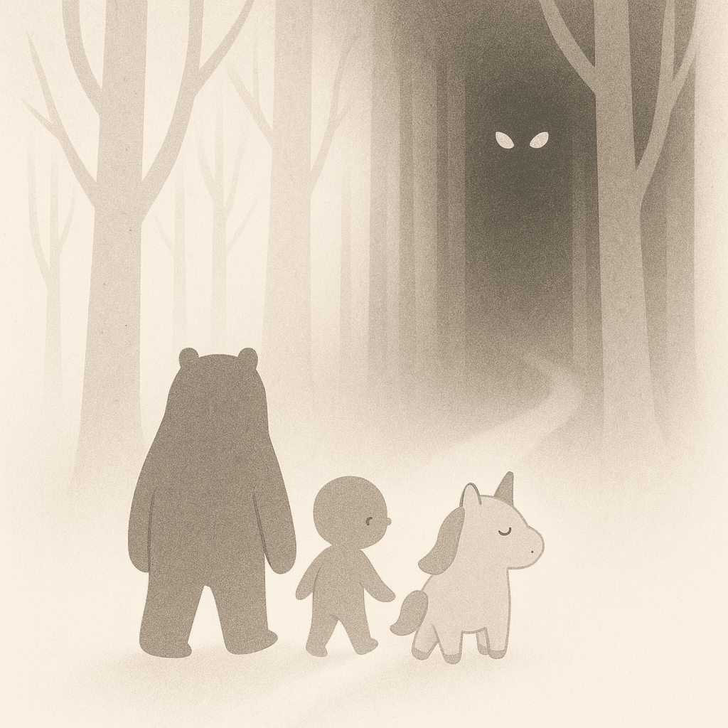 The mysterious markings on the tree trunks glimmered faintly. Mila glanced around. “Did you come from there?” she asked, pointing to a shadowy path where the markings led deeper into the woods.