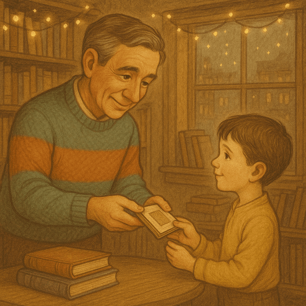 They wandered toward a cozy bookstore tucked between a bakery and a flower shop. Its windows twinkled with fairy lights.