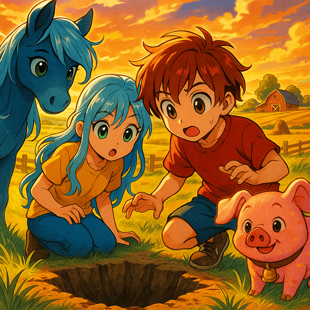 The late afternoon sun cast a golden glow over the farm, turning the fields into a patchwork of amber and green. Branwen and Percy tiptoed closer to the mysterious hole, their hearts pounding with a mix of curiosity and anticipation.