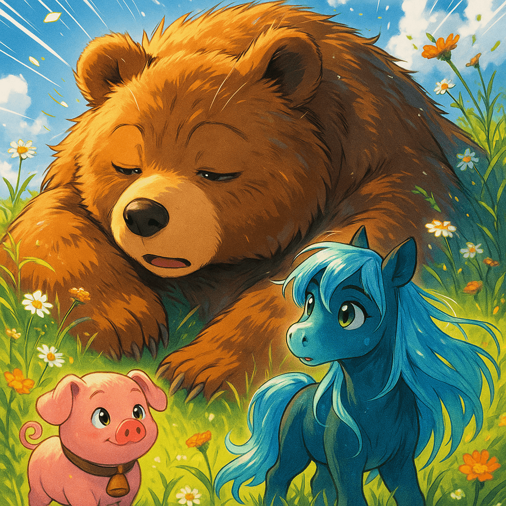 As they approached the edge of the clearing revealed by the hole, a massive, fluffy shape stirred beneath the canopy of wildflowers and tall grass. With a soft, sleepy snore, a giant bear unfurled from its nap, revealing thick, brown fur that shimmered in the sunlight.
