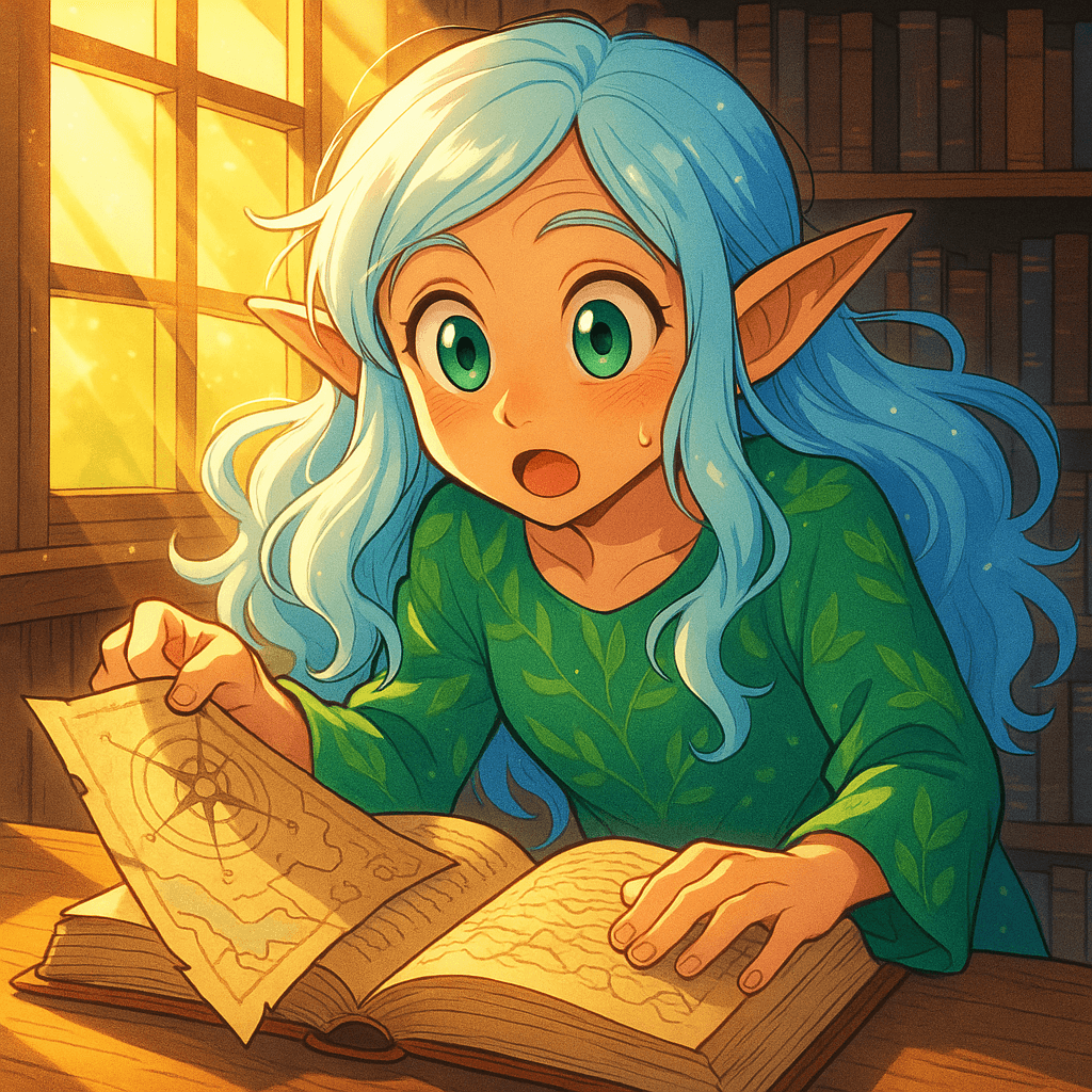 Elaerin, with her sharp eyes and infectious smile, leaned over a dusty old book tucked into the library’s forgotten corner. Her fingers brushed against a crinkled parchment slipping from between the pages—a map, mysterious and ancient, its faded symbols shimmering faintly in the dappled sunlight.
