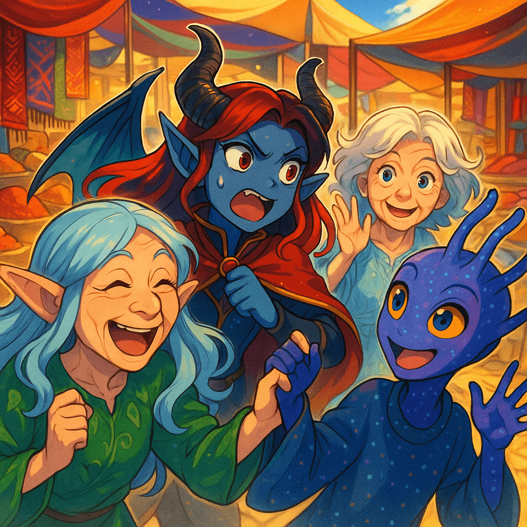 Their adventure led them through bustling markets, where vibrant stalls sold fragrant spices and shimmering fabrics. They teased each other amid the cacophony—Elaerin’s clever quips, Lilith’s sly smirks, Evelyn’s lighthearted jokes, and Zylar’s gentle laughter weaving into their camaraderie.