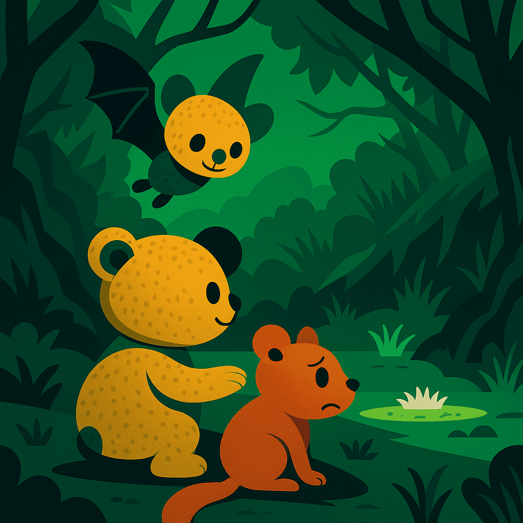 “Down there!” Bätty called, spotting a patch of silvery green in the distance. But as they swooped lower, the ground shifted into a steep ravine, tangled with roots and slippery stones.