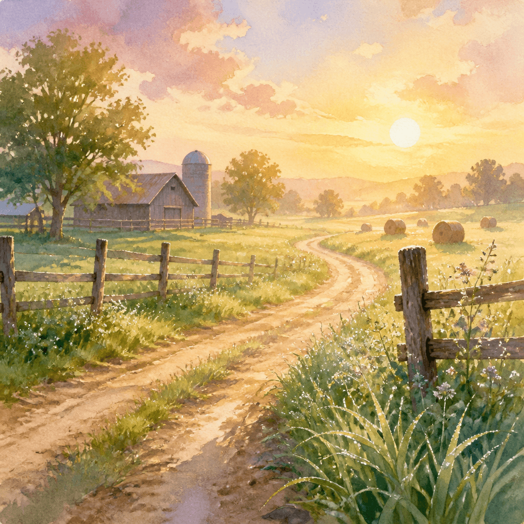 Morning arrived on the farm in pale gold, spilling across the dirt paths and the dew-silvered grass.