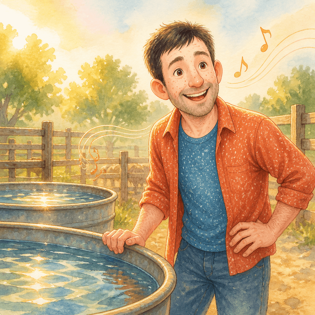 A cheerful tune drifted from him—light and bouncy, like it was trying to lift the whole farm with it.