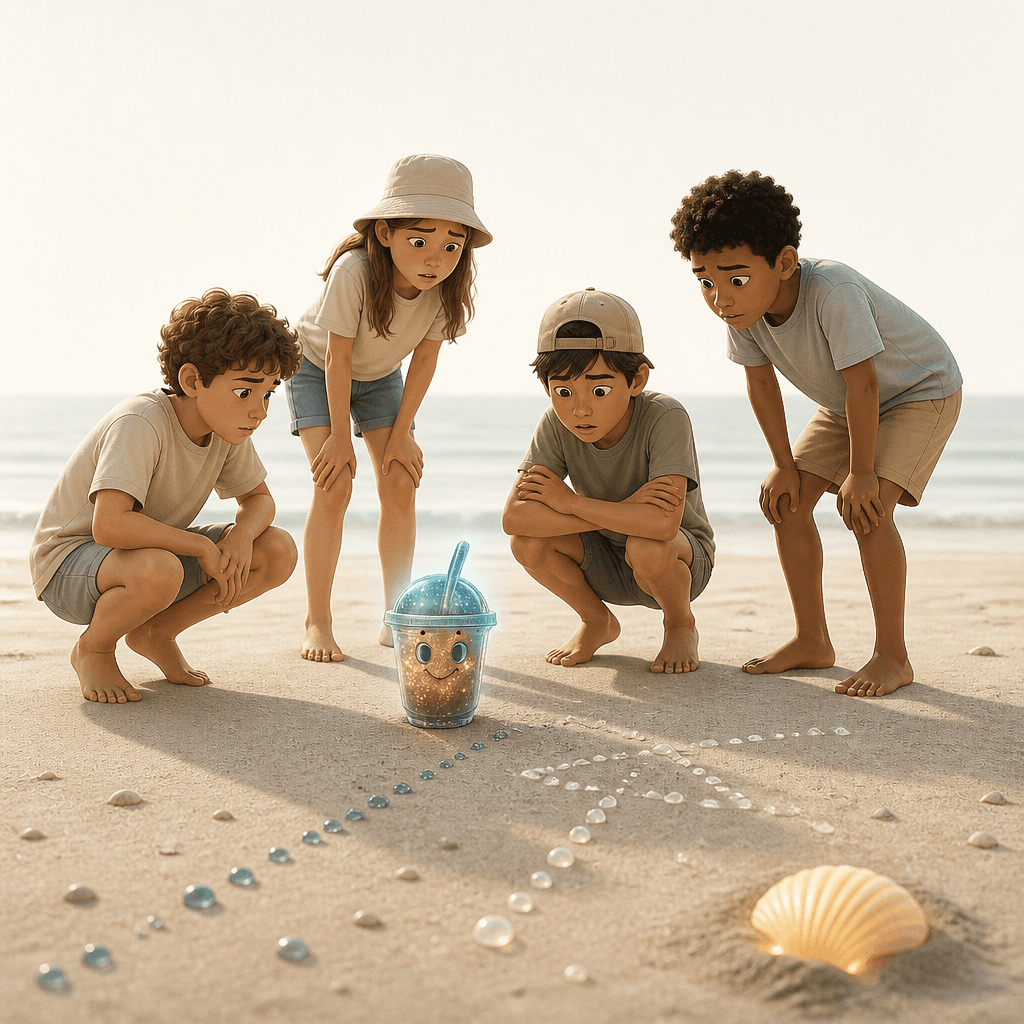 Foam dots “like tiny arrows pointing across the sand toward a dune.”