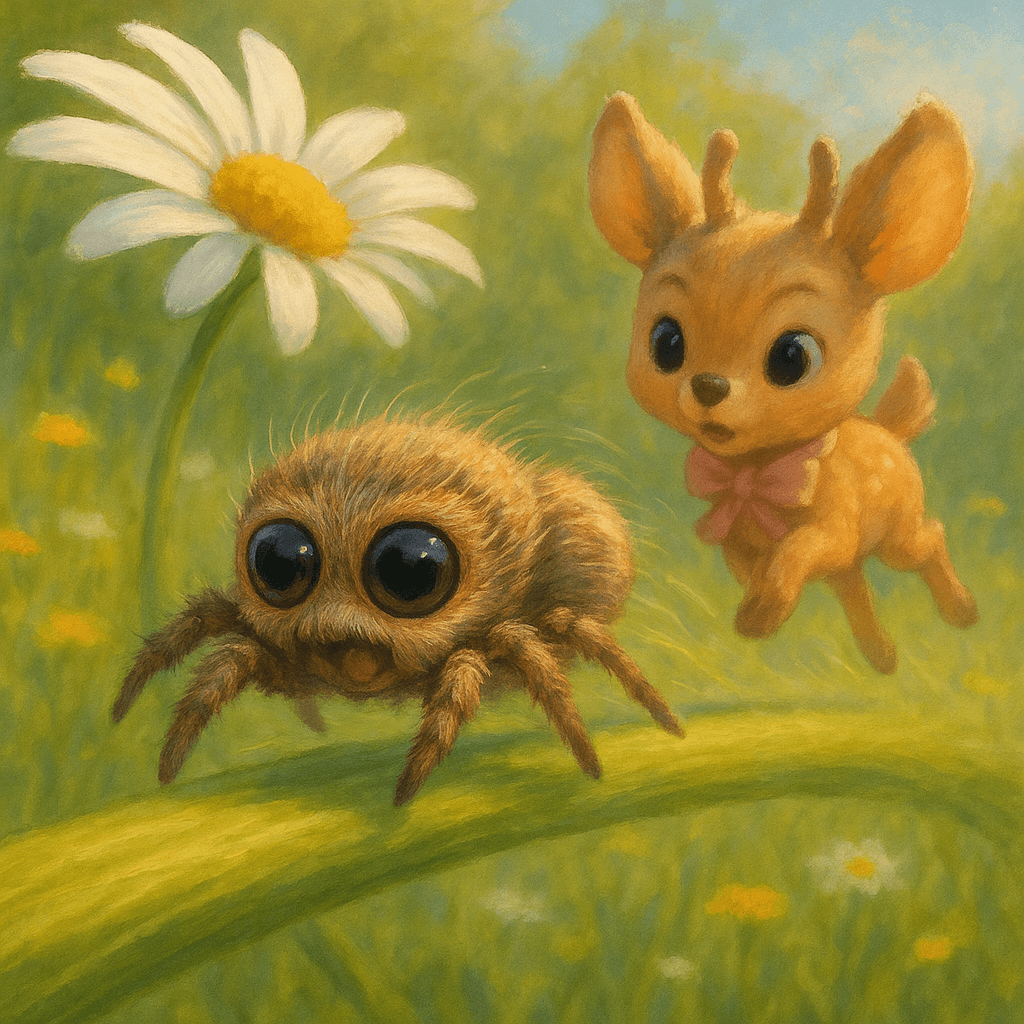 Aby, the clever little spider, scurrying quickly across a daisy stem. Right behind her bounced Aby’s very tiny friend.