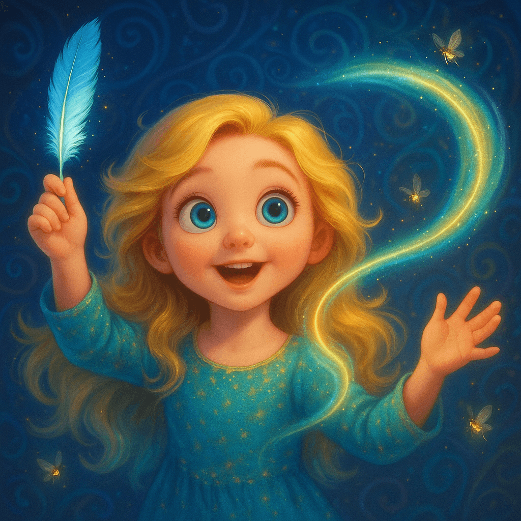 Elsa raised the feather and swept it gently through the air. Instantly, a sparkling breeze followed its trail.